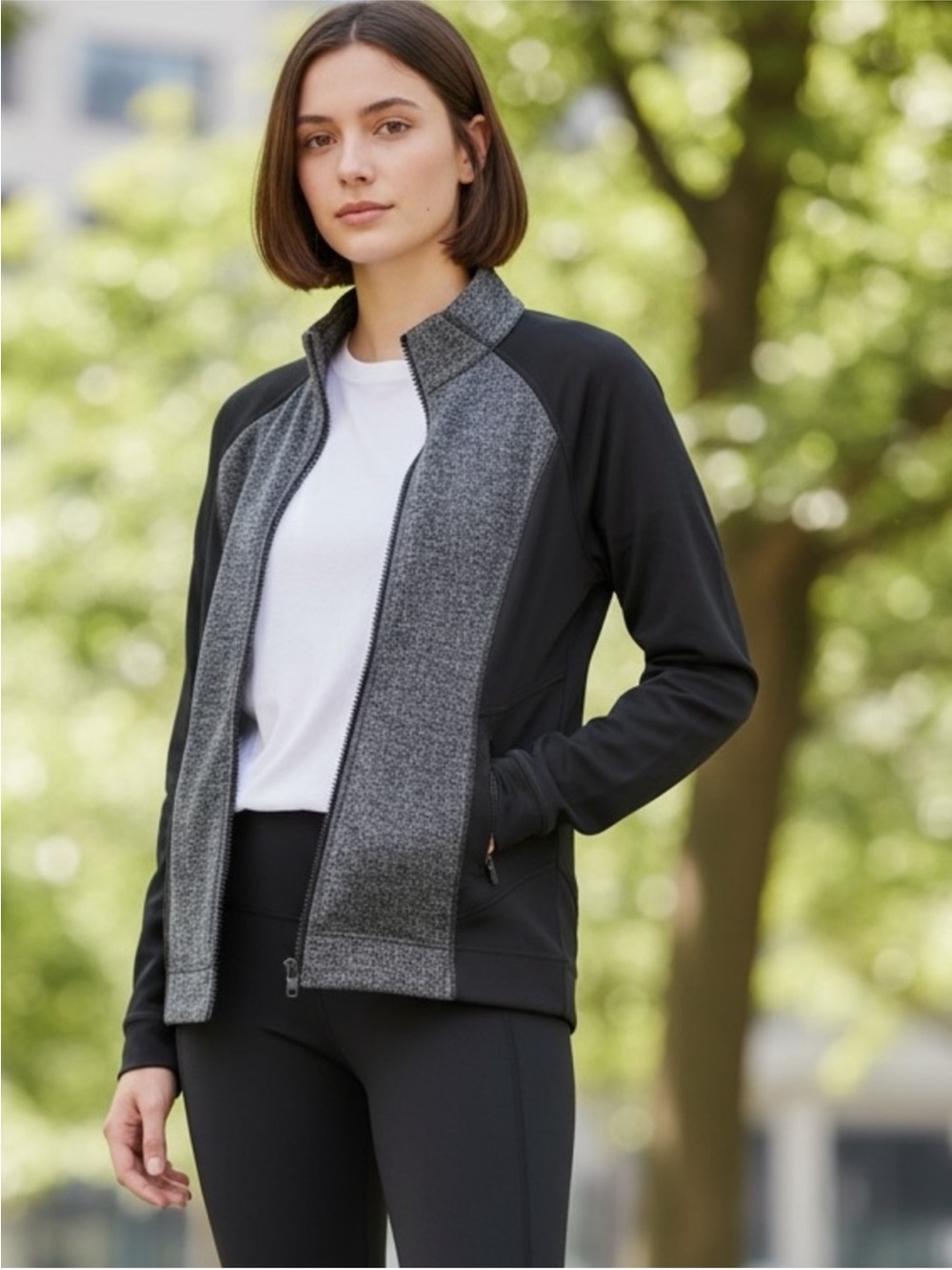 Athleta Black & Gray Zip Up Sport Jacket with Gray Heather Front Panels